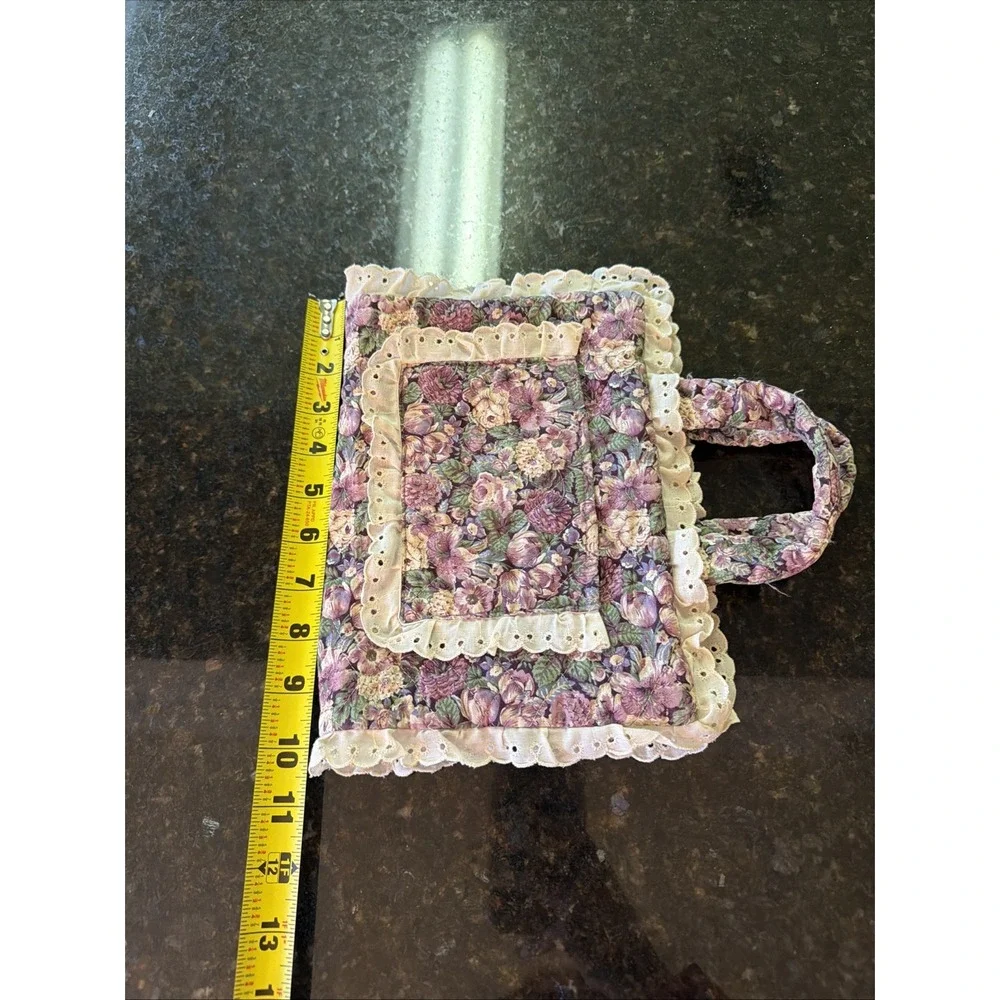 Vintage Handmade Cloth Bible Cover Floral Cottage Core Handles Ric Rac Ruffles